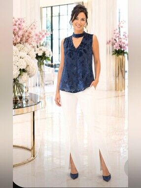 White House Black Market Navy Burnout Velvet V-Neck  Tank with Neckband